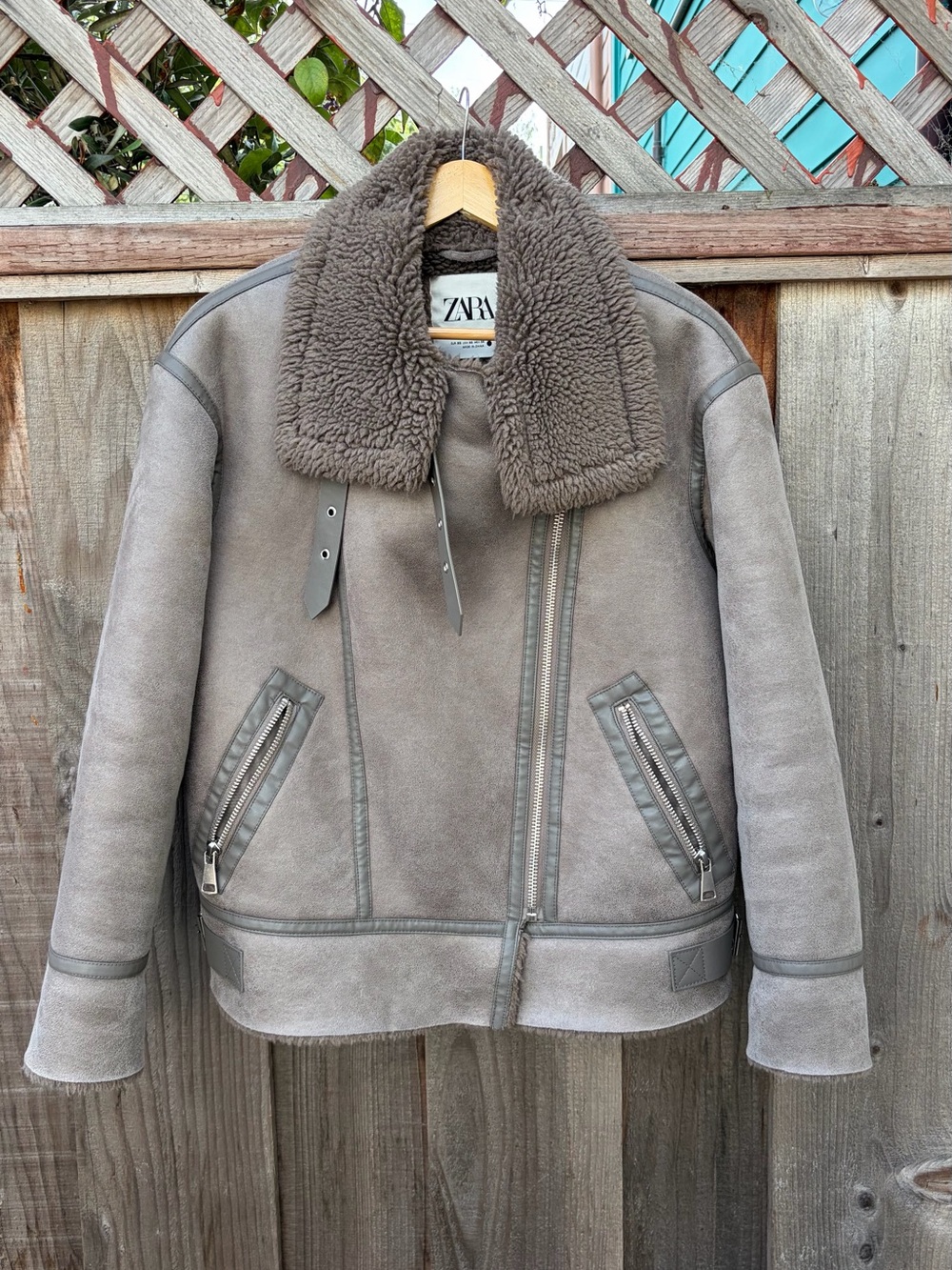 ZARA Taupe Suede-Look Shearling Aviator Jacket
